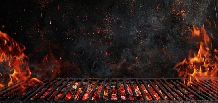 Hot empty portable barbecue BBQ grill with flaming fire and ember charcoal on black background