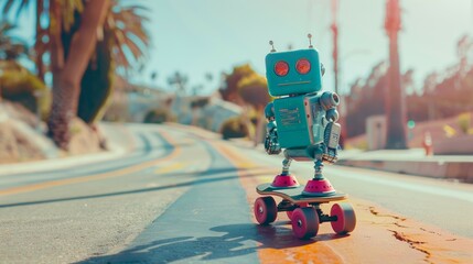 cute cyborg robot riding skate at street, funny mechanical robot skating with skateboard