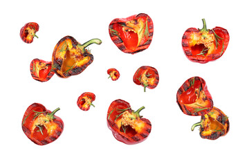 Slices of grilled bell peppers in air on white background