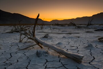 Dusk sets over a desolate wasteland with jagged peaks silhouetted against fiery sky