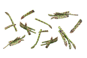 Grilled asparagus spears in air on white background