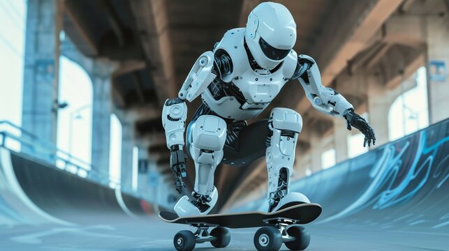 cute cyborg robot riding skate at street, funny mechanical robot skating with skateboard