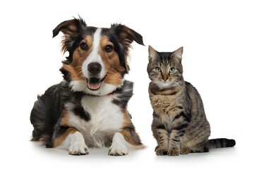 Playful Border Collie mix and focused tabby cat sitting together against white background