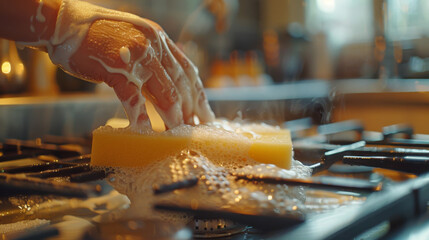 A close-up of a hand scrubbing a stove with a soapy sponge, cleaning and maintaining kitchen hygiene.