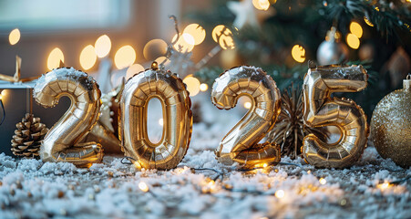 2025 New Year and Christmas Festivities: Luxurious Greeting Card Design with Golden Number Balloons