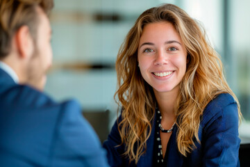 Fototapeta premium Smiling young Caucasian woman talking to a male colleague at an office team meeting. Happy colleagues discussing business ideas. Teamwork, cooperation concept.