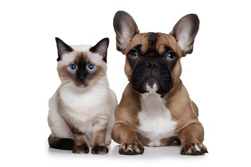 A lovely Siamese cat and French Bulldog pose together against white backdrop