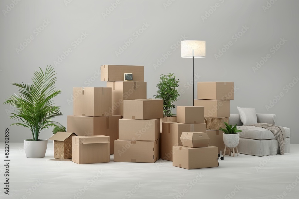 Poster man standing in a room filled with moving boxes, highlighting efficient logistics and transport serv