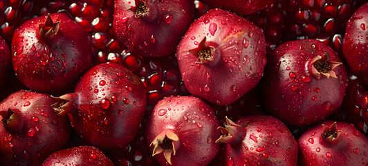 A pile of magenta superfood pomegranates glistening with water drops - Powered by Adobe