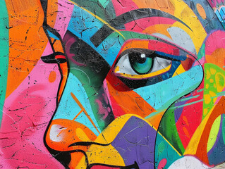 Vibrant graffiti covers a textured wall with bold colors and patterns in a urban setting.