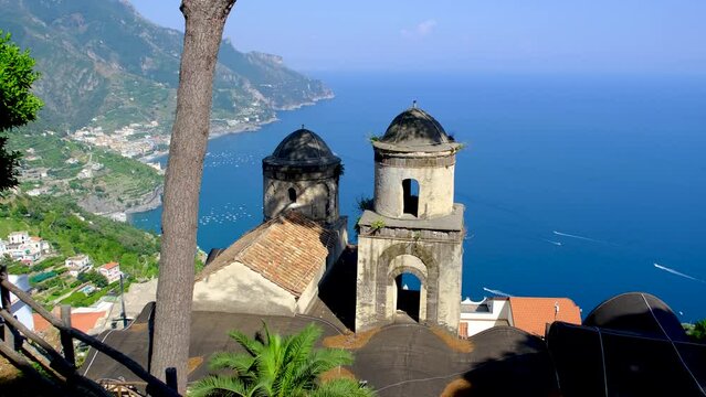 Iconic bell towers at Church of Santa Maria delle Grazie in Ravello, Italy.