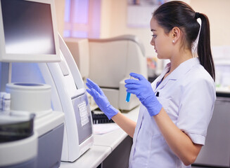 Medical research, technology and woman in laboratory for test and innovation for science in hospital. Biomedical scientist, study and computer for vaccine, healthcare and pharmaceutical development