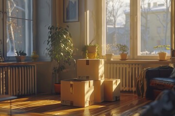 Pile of Cardboard Boxes in Bright Room, Houseplants, Indoor Photography, Soft Light