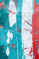 Closeup of colorful teal, blue and red urban wall texture with white white paint stroke. Modern...