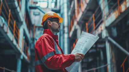 Obraz premium Engineer in a hard hat and safety gear examining blueprints in an industrial factory, surrounded by machinery and equipment.