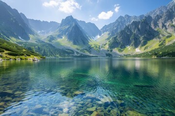 Fototapeta premium Vivid image displaying a peaceful mountain lake surrounded by lush greenery and impressive peaks, invoking a sense of calm