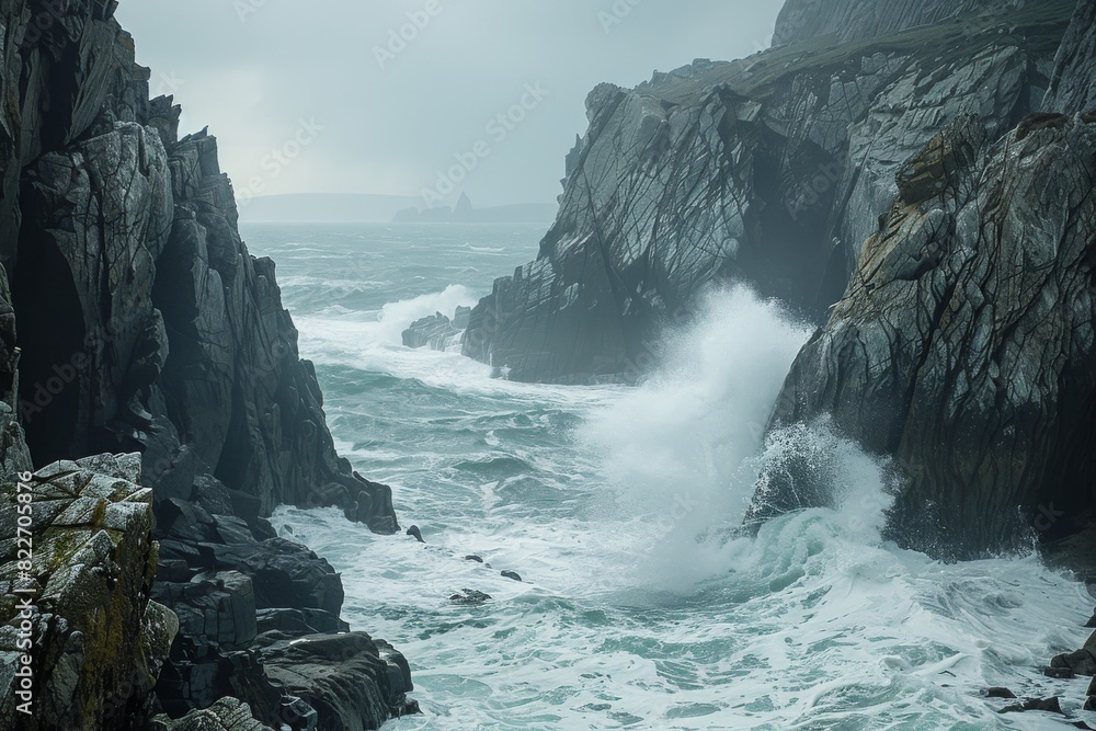 Poster the dynamic image captures turbulent waves crashing against rugged coastal cliffs under a moody sky