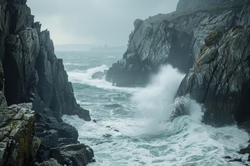 The dynamic image captures turbulent waves crashing against rugged coastal cliffs under a moody sky