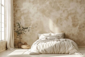 The bedroom has a spacious bed and a big window for natural light