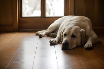 Serene room with Labrador resting on wood floor, bathed in natural light