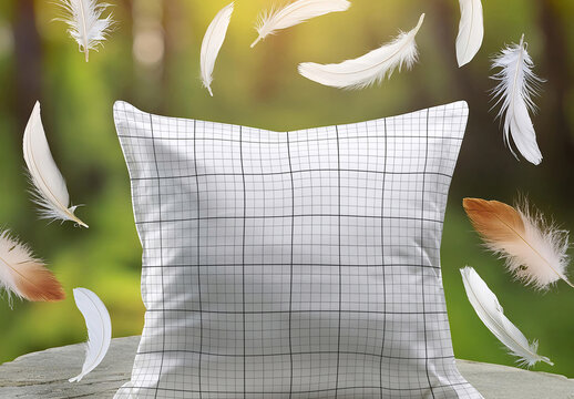 Pillow stand on forest with feathers around Mockup Generative Ai