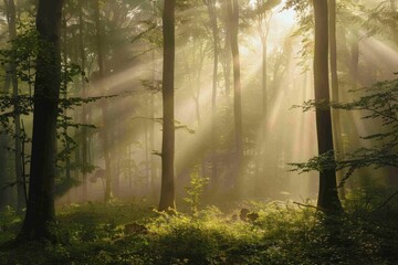 The mystical ambiance captures shafts of light descending through the fog onto the forest floor