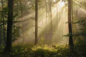 Obraz premium The mystical ambiance captures shafts of light descending through the fog onto the forest floor