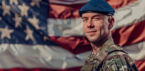 American Soldier in Uniform Stands Against the American Flag - Patriotic Military Tribute