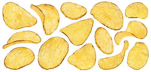 Homemade kettle potato chips isolated on white background, full depth of field