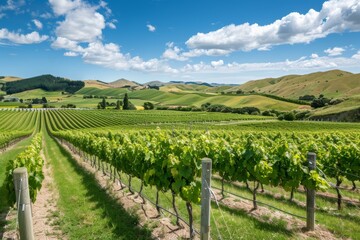 Fototapeta premium Neat rows of vibrant green vine plants in a vineyard, with rolling hills and blue sky in the background