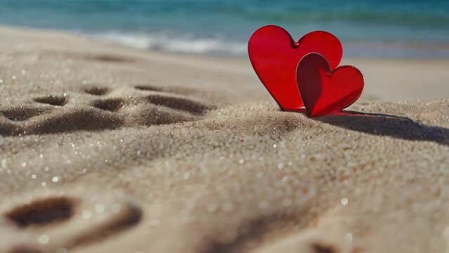 Two red hearts in the sand on the sea background