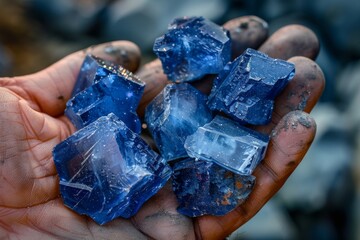 A close-up image of a person's hand displaying raw sapphire crystals with visible dirt and details of the gemstones