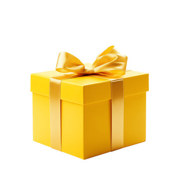 Yellow gift box with ribbon. Transparent PNG background. Birthday present mockup. Closed square surprise box. Ideal for promotional campaigns, black Friday, valentines, Christmas, mother's day.
