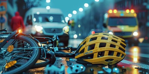 Fototapeta premium A chaotic scene of a bicycle accident on a busy urban street, with a crumpled bike lying on the road,