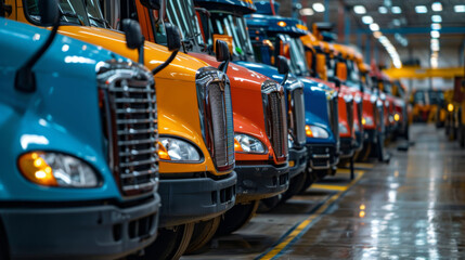 A row of colorful semi-trucks parked inside a large warehouse, highlighting the transportation and logistics industry.