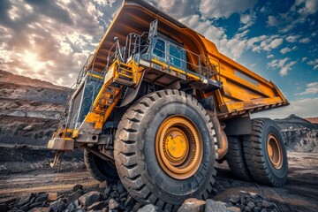 A gigantic mining haul truck is showcased under a dramatic sky, highlighting industrial might