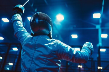 An athletic fencer in full gear raises a victorious fist under dramatic blue lighting on a fencing piste
