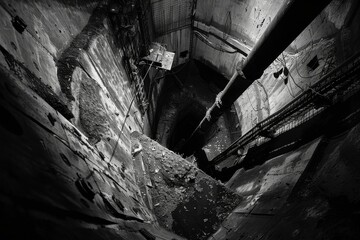 Obraz premium A haunting black and white image displaying the depth of an abandoned industrial silo with contrasting light and shadows