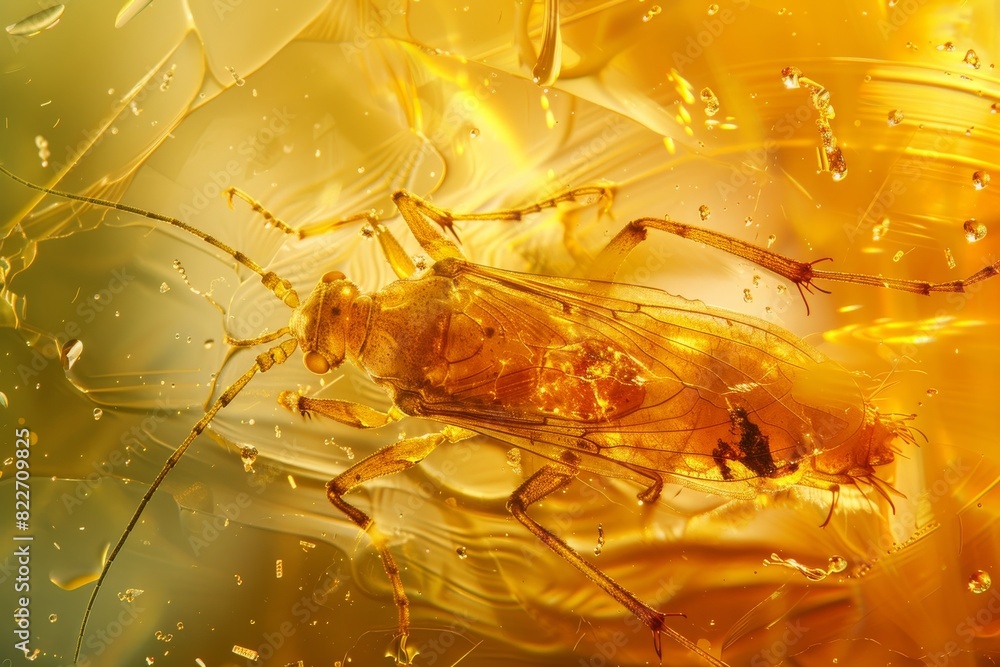 Poster close-up view of a mosquito trapped in golden amber sap, preserved for eons, frozen in time
