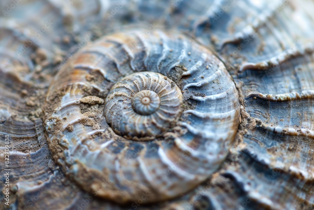 Poster detailed macro photography of a spiral ammonite fossil revealing the pattern and texture of prehisto