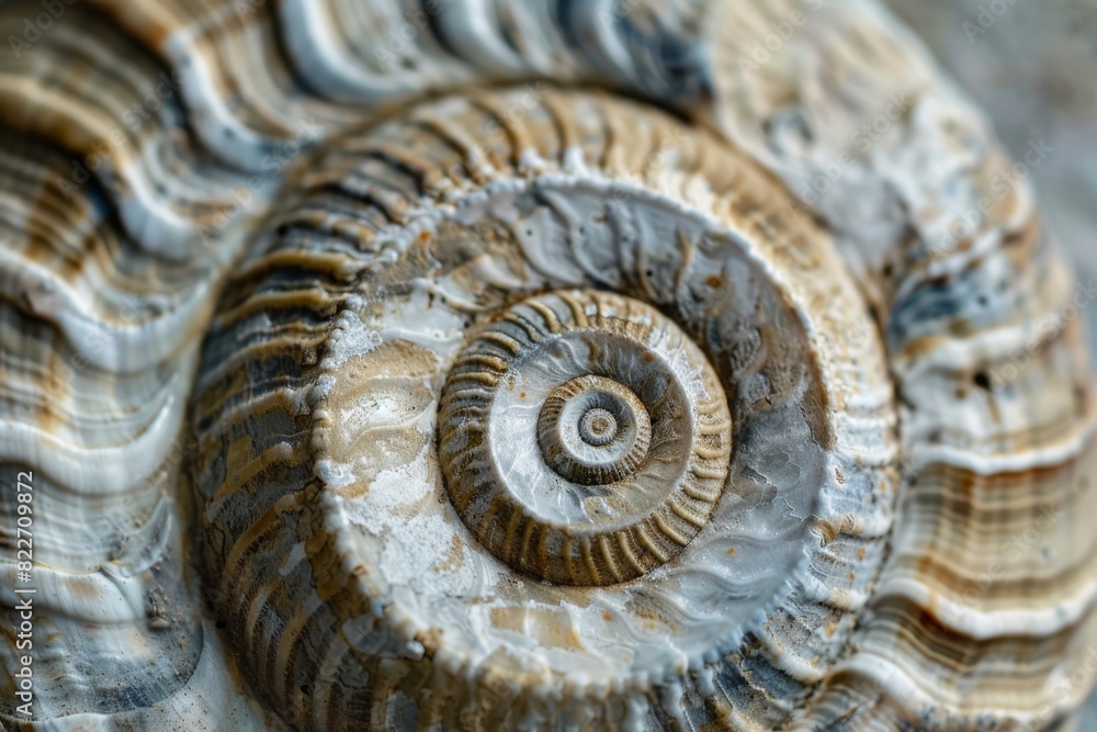 Poster This macro image captures the intricate patterns and spiral structure of an ammonite fossil, highlighting geological beauty