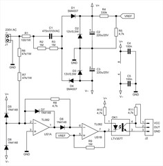 Schematic diagram of electronic device.
Vector technical drawing electrical circuit with 
operational amplifier, transistor, resistor, capacitor,
diode, led, other components 
on white background.