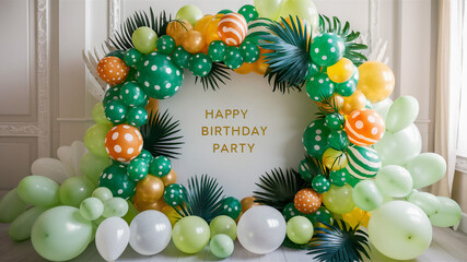 birthday card with colorful balloons on the  green  background. Happy birthday background. jungle...