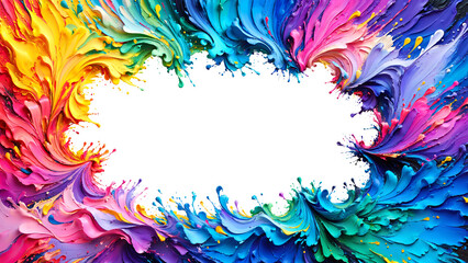 Colorful rainbow thick acrylic paint with bold strokes forms a border with empty space. Frame or banner made from oil dripping liquid paint brushstrokes. Art painting design for poster or invitation