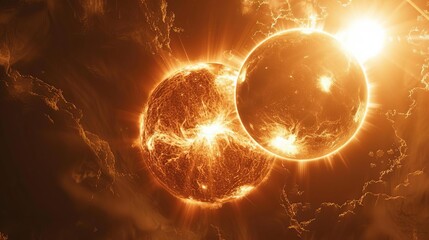 Fototapeta premium A binary star system with an exoplanet orbiting two suns, casting dual shadows on its surface,