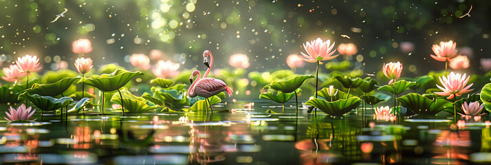 Group of Pink Flamingos at a Tranquil Lake, Reflecting a Scene of Serene Wildlife Elegance