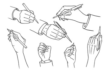 Set of pen in hand, writer, writing hand, hand with pencil and pen in doodle style. Hand drawn vector illustration EPS10. Great for banner, posters, cards, stickers and professional design.