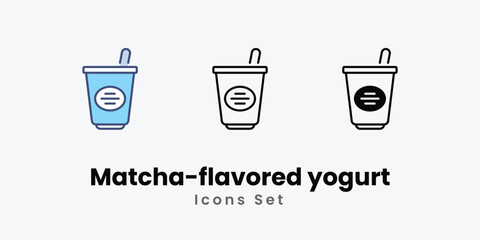 Matcha-flavored yogurt icons set vector stock illustration