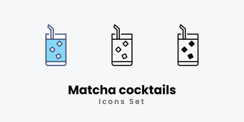 Matcha cocktails icons set vector stock illustration