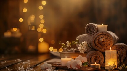 Spa brown background with towels, candles and copy space
